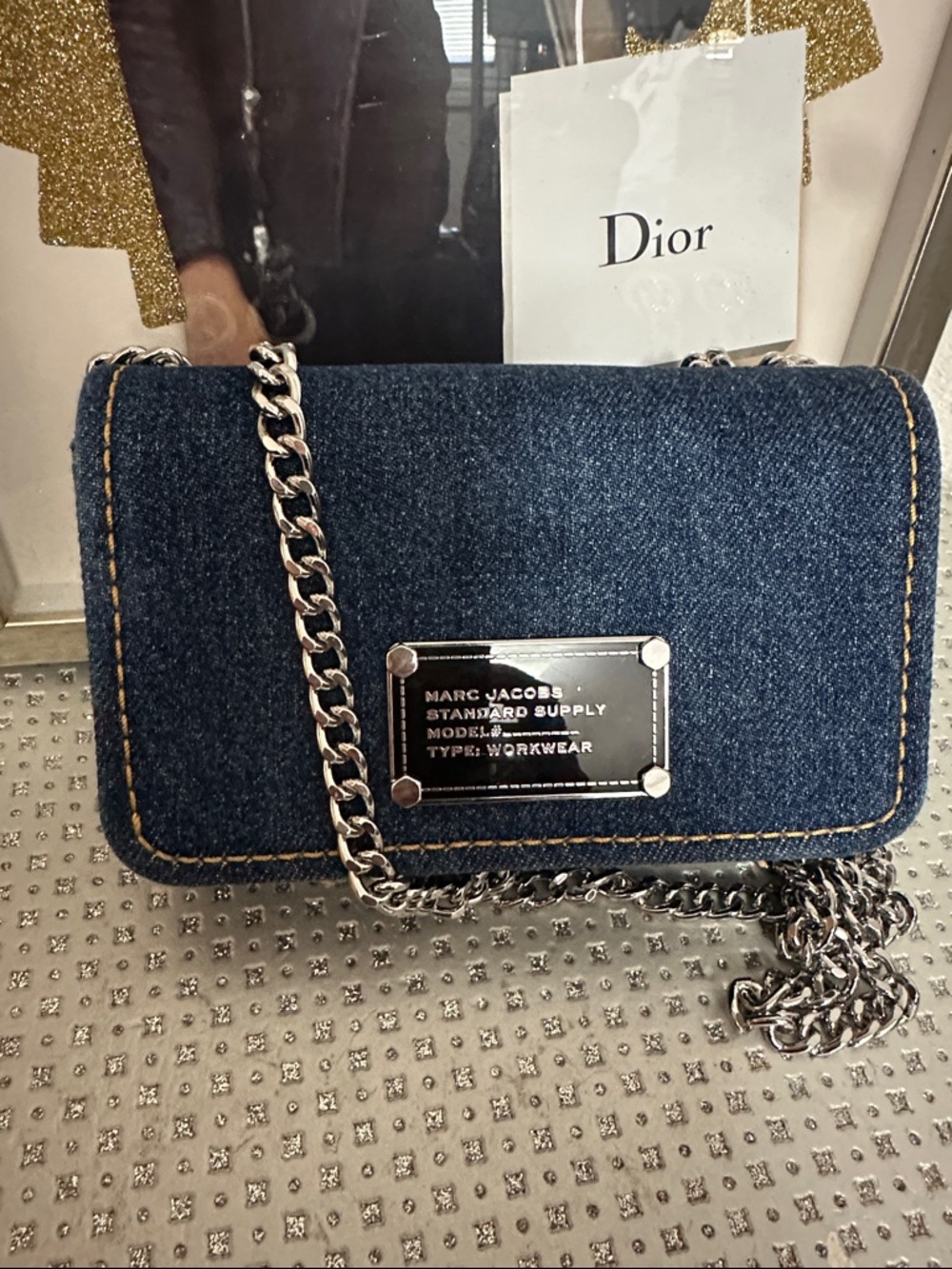 Marc Jacobs Dark Blue Denim Chain Crossbody with Silver Hardware